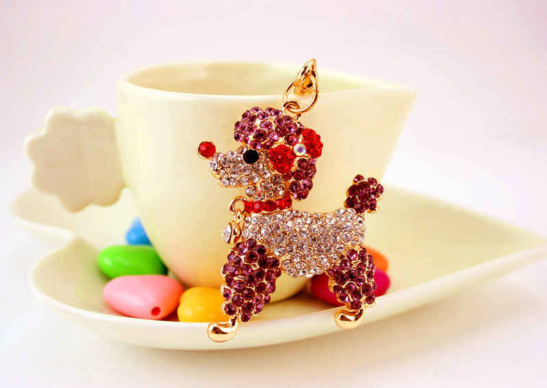 40g Weight Alloy, Metal Material Unisex Gender Pink, Purple, Red, Blue Color Korean Creative Cute Poodle Diamond Crystal Puppy Keychain Metal Pendant Wholesale 9