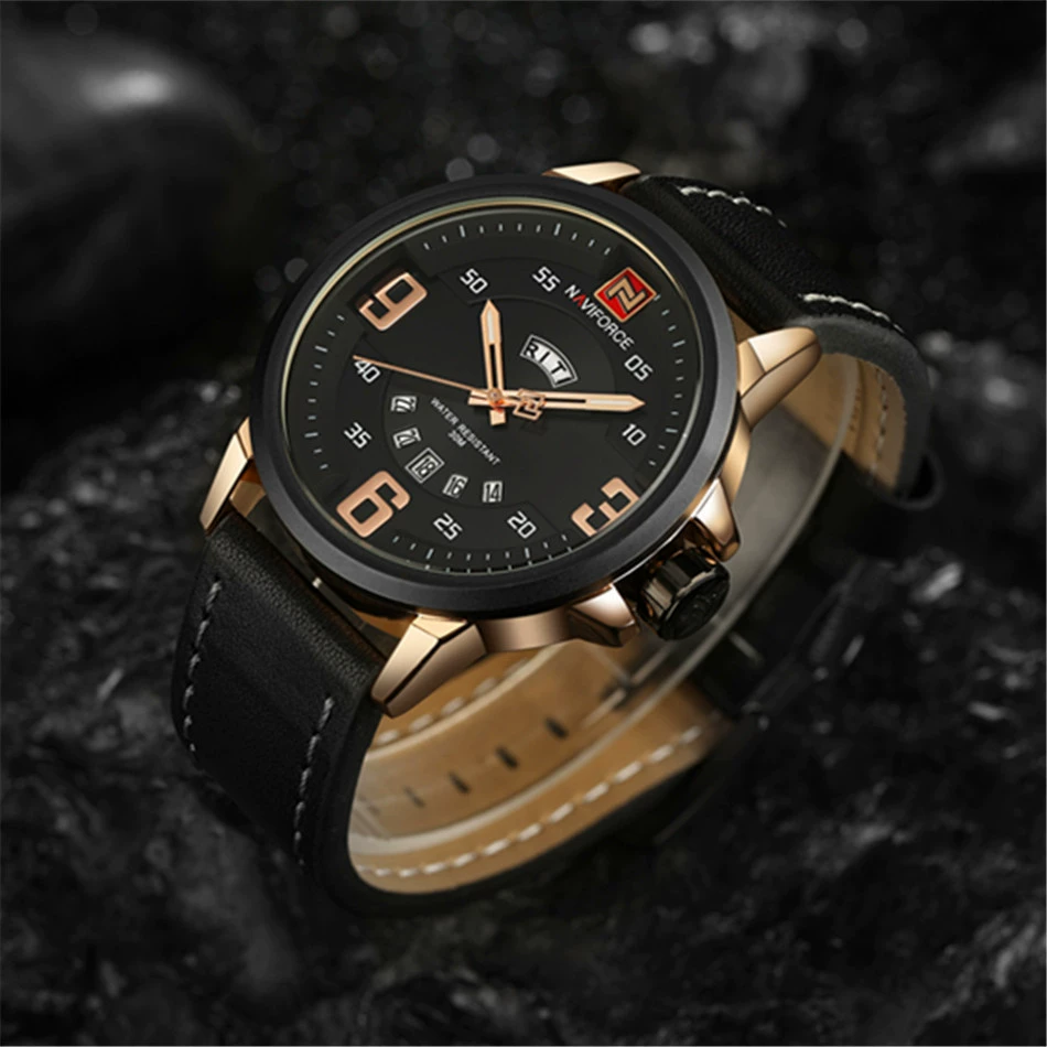 Мужские кварцевые часы Naviforce Band Date с кожаным ремешком