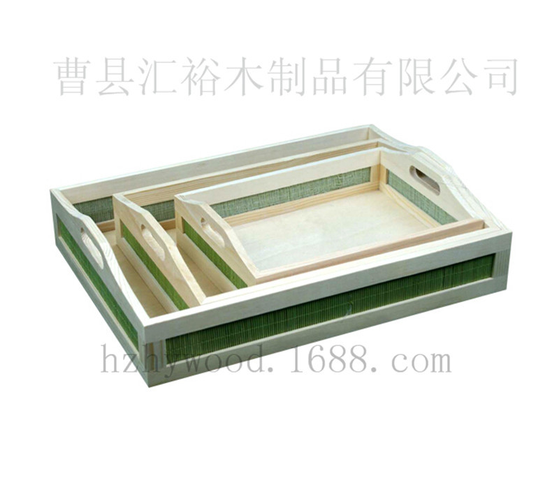 厂家供应大小套三出口把手镶边托盘 实木合板木盘