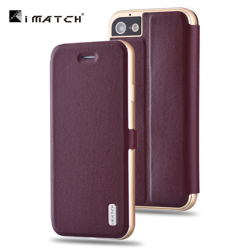 iMatch Luxury Aluminum Metal Bumper Premium Genuine Leather Flip Magnetic Case Cover for Apple iPhone 7 Plus & iPhone 7