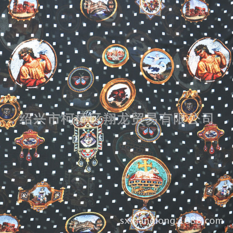 【翔龙印花 XL766】欧美雪纺风印章图章几何印花飘逸女装雪纺面料