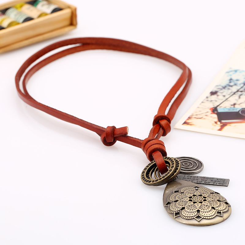 Long Necklace Chain Sweater Art Retro Leather Rope Leather Adjustable Alloy Hollow Flower Pendant display picture 2