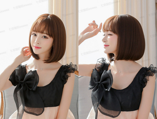 Japanese and Korean wig short hair female bobo head air bangs short straight hair sweet and cute face shaping personalized wig set