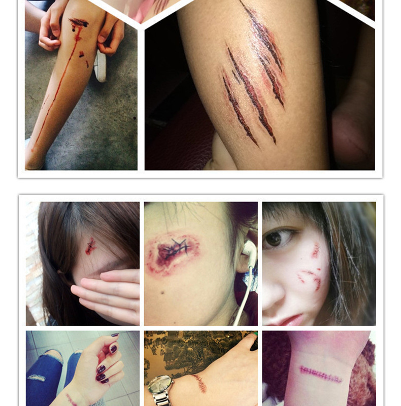 15g Weight Halloween Festival Unisex Gender Tattoo Sticker Waterproof Scar Needle Stiched Prank Sticker Halloween Horror Wound Realistic Blood Wound Scar 3
