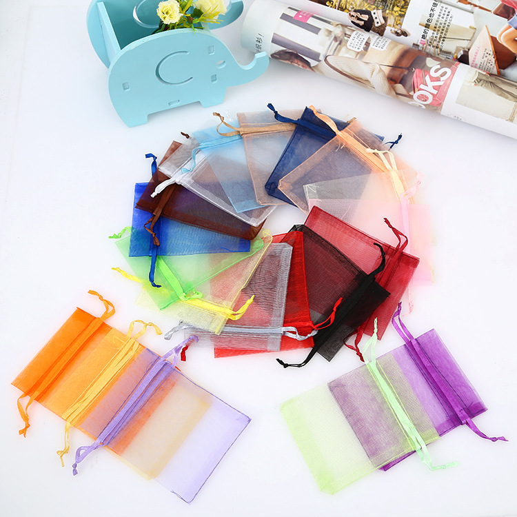 彩色素色透明欧根纱网纱袋喜糖袋饰品包装袋束口抽绳收纳袋