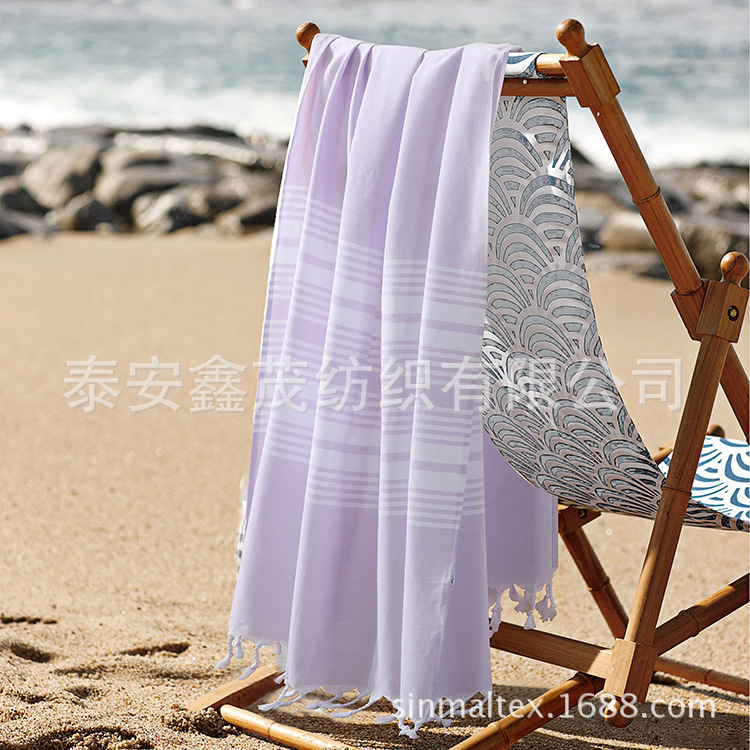 Export Custom-Processed Pure Cotton Turkish Tassel Beach Towel Bath Towel European and American Yarn-Dyed Beach Towel Peshtemal