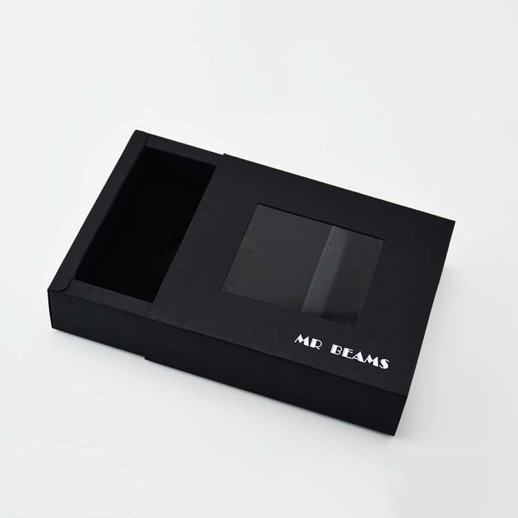 黑卡材质抽屉盒黑卡带贴窗订做 可定做烫银LOGO 黑卡纸盒包
