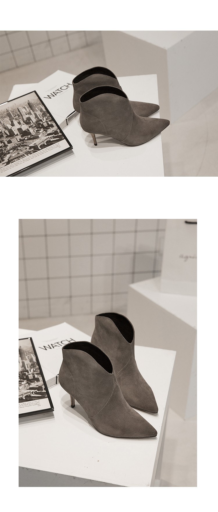 韩版尖头高跟短靴女真皮裸靴秋冬短筒靴子及踝靴冬季细跟高跟鞋_