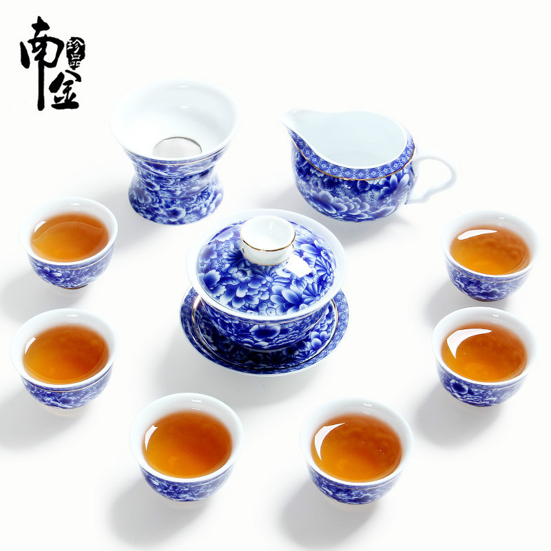 青花瓷功夫茶具套装 整套白瓷万地金花彩金盖碗茶壶茶杯垫特价