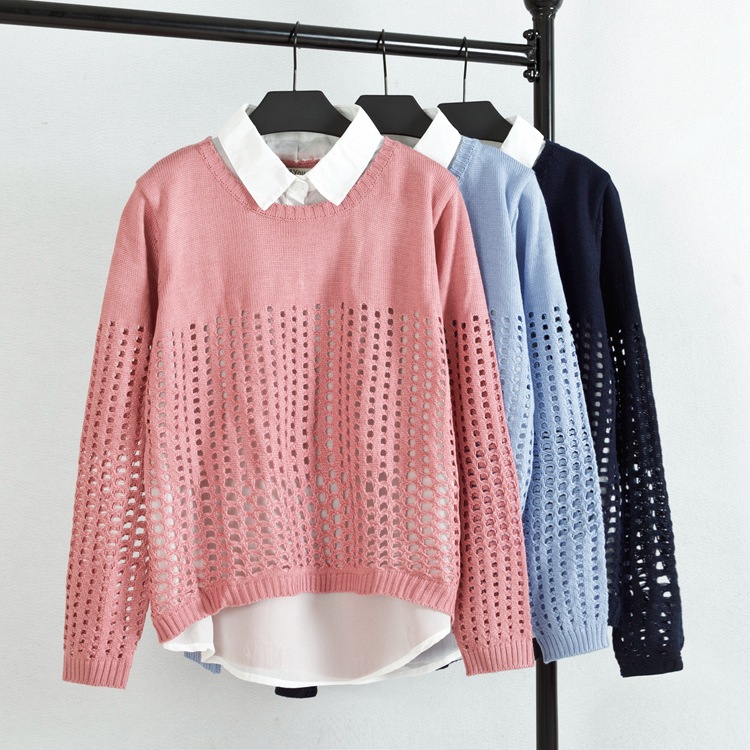 E2 Large Women's wear Autumn new pattern Hollow Shirt collar Chiffon False two Sweater Socket sweater 0.3