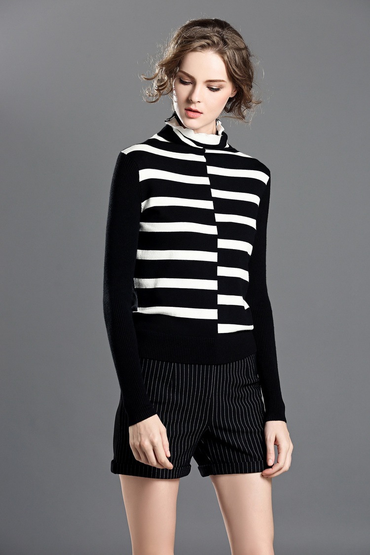初秋新款 欧美时尚 经典条纹黑白撞色时尚针织套装