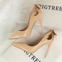 3168-8 Korean Sexy Slim High Heel Shoes Thin Heel High Heel Shallow Mouth Pointed Lacquer Leather Hollow out Bowknot Single Shoes