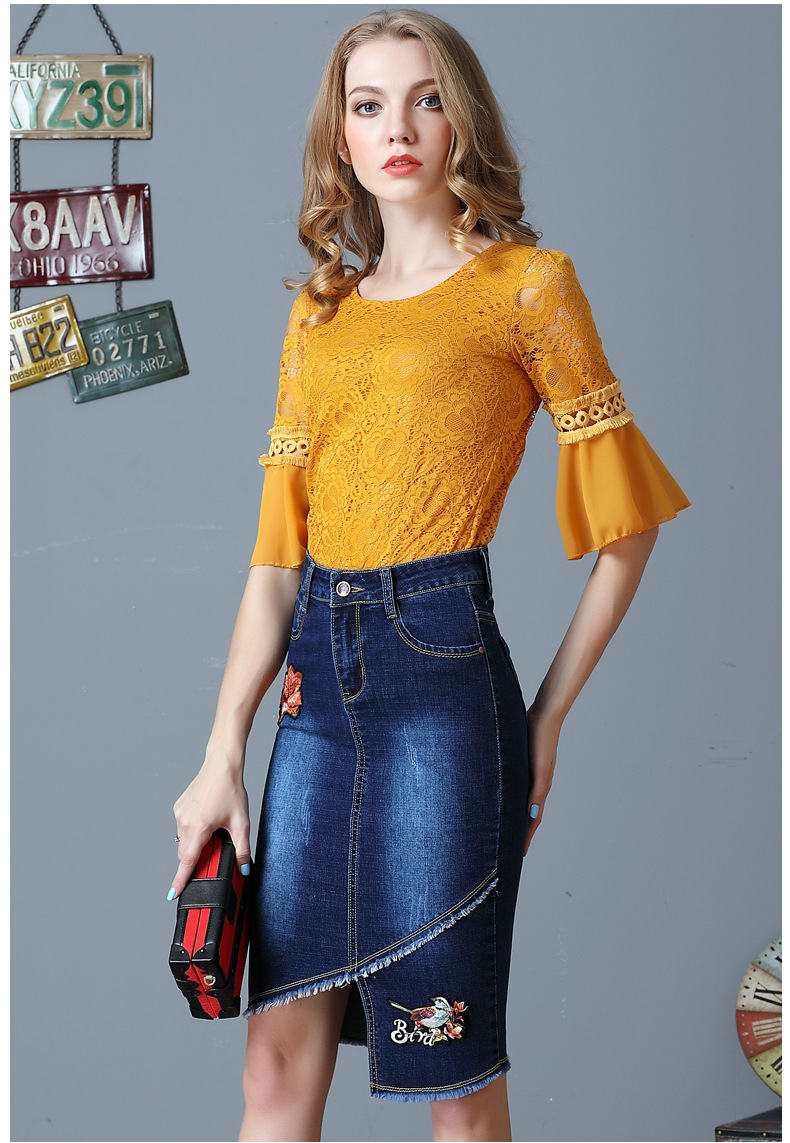 Embroidered Mid-length Denim Skirt  NSDT39451