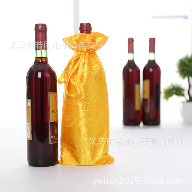 杏黄色龙图腾绸布酒袋束口红酒袋子 礼品收纳包装袋拉绳白酒袋