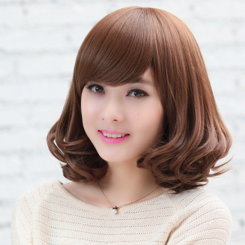 Korean wig for women, short bob cut, short curly hair, bobo head, side bangs, fluffy face-lifting, plum blossom head, wig set, long princess hair