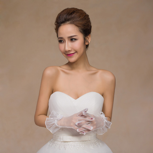 Wedding gloves wedding ceremony white bridal gloves performance photo small chrysanthemum short mesh gloves champagne 1006