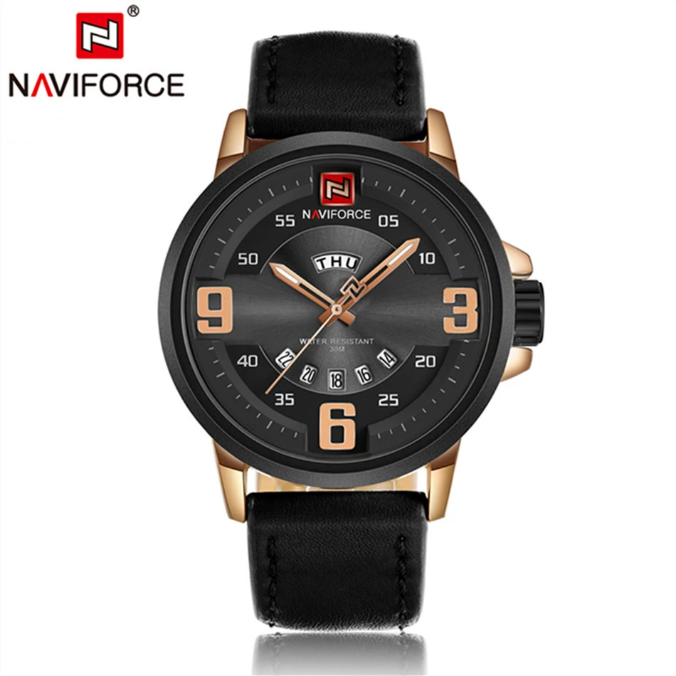 Мужские кварцевые часы Naviforce Band Date с кожаным ремешком