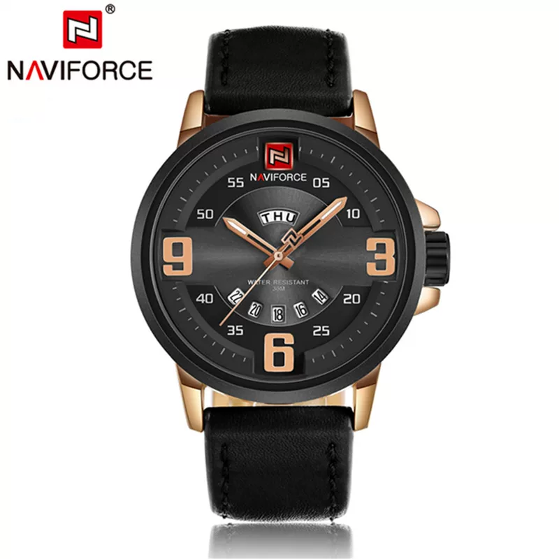 Мужские кварцевые часы Naviforce Band Date с кожаным ремешком