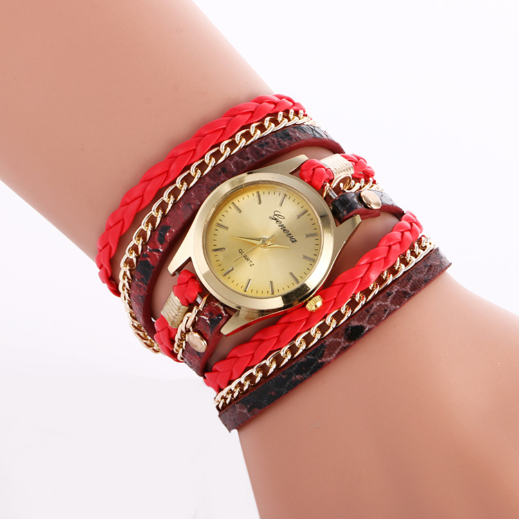 Women'S Winding Watch Popular Leopard Weave Bracelet Watch Alloy Bar Nail Face Quartz Watch