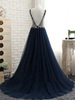 New deep blue long banquet dress double shoulder Korean bride wedding dresses