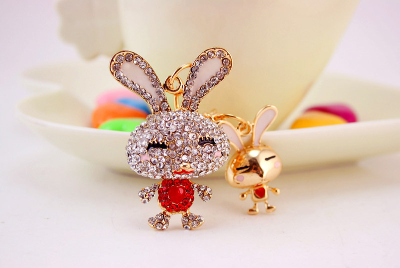 35g Weight Alloy, Metal Material Rabbit Pattern Unisex Gender Pink, Purple, Red, Blue, Peach Color Korean Creative Cute Diamond Cartoon Bunny Car Keychain 12