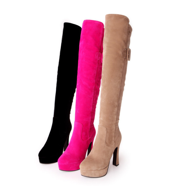 Autumn and Winter New Girls Boots Sweet Fashion Side Zipper Grinded Surface Slender Super-thick Heel Waterproof Knee Boo