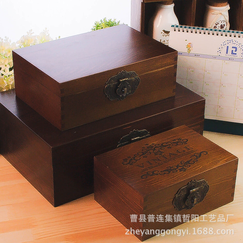创意实木储物箱 欧式带锁做旧收纳复古樟木箱子桌面收纳木盒-阿里巴巴