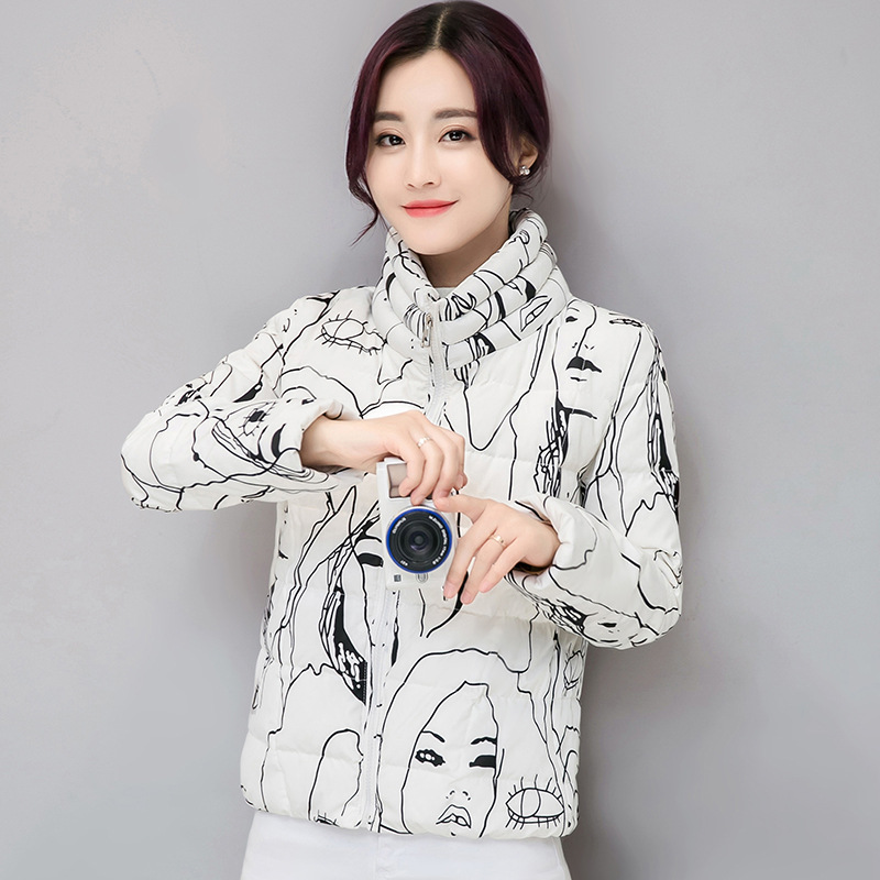 Fall / winter 2018 new cotton padded women's Korean fashion slim fit short long sleeve standing collar student graffiti down jacket