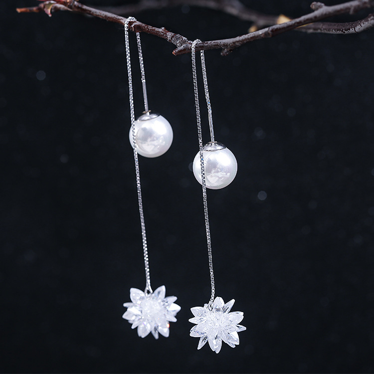 S925 pendientes de plata esterlina estilo coreano moda Flor de hielo pendientes de perlas de doble cara pendientes de mujer