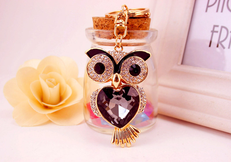 51g Weight Alloy, Metal Material Cartoon Pattern Unisex Gender Coffee, Black Color Korean Creative Cute Diamond Owl Car Keychain 6