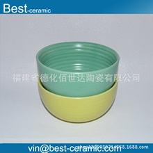 創意內飾條紋陶瓷湯碗 定制家居陶瓷點心飯碗 個性綠黃色釉米飯碗