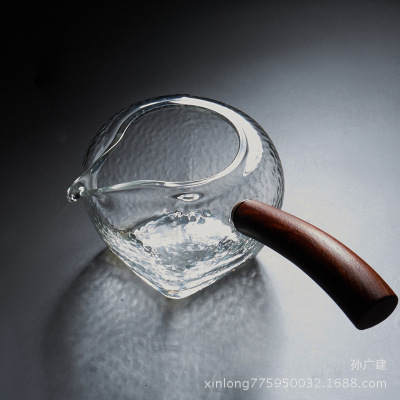 純手工日式木把耐熱玻璃公道杯 側把錘紋公杯勻杯茶海分茶具