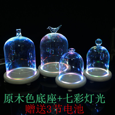 新款永生花微景观透明玻璃罩子 防尘罩七彩灯木质底座|ru