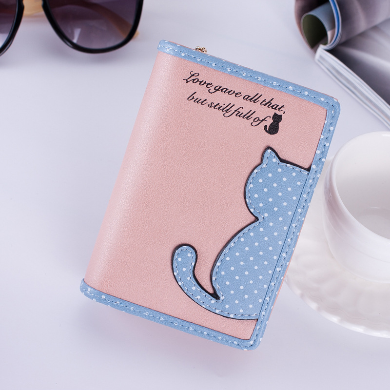 Korean version of the women's wallet long Korean version of the cute contrast color cat polka dot student zipper wallet wallet