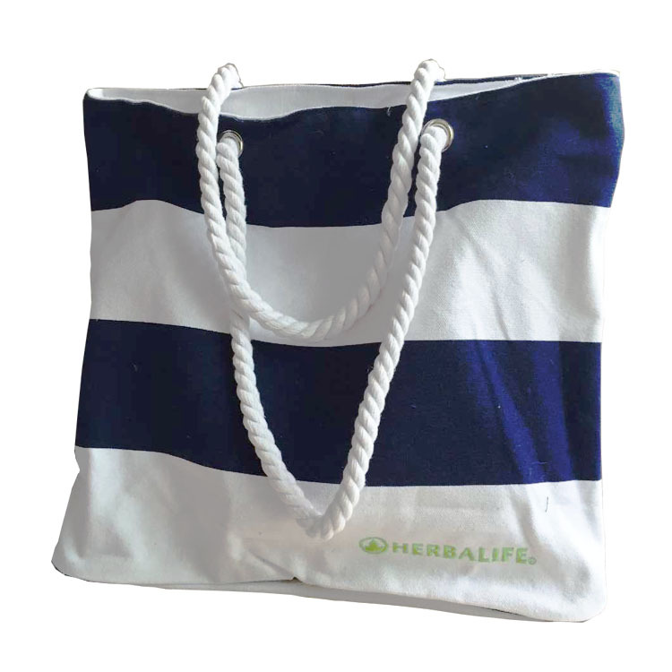 时尚蓝色条纹单肩帆布包 沙滩包  全棉帆布手提包 现货批发帆布袋