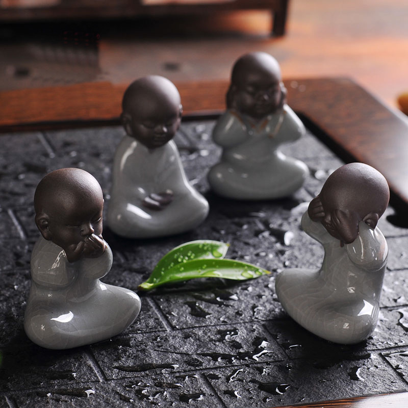 德化紫砂茶宠摆件汝哥窑四不小和尚创意精品茶道配件陶瓷茶宠批发