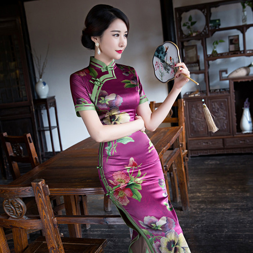 Purple floral Long Chinese dress oriental qipao dresses cheongsam Improved stage performance cheongsam dress fashion slim model show dresses