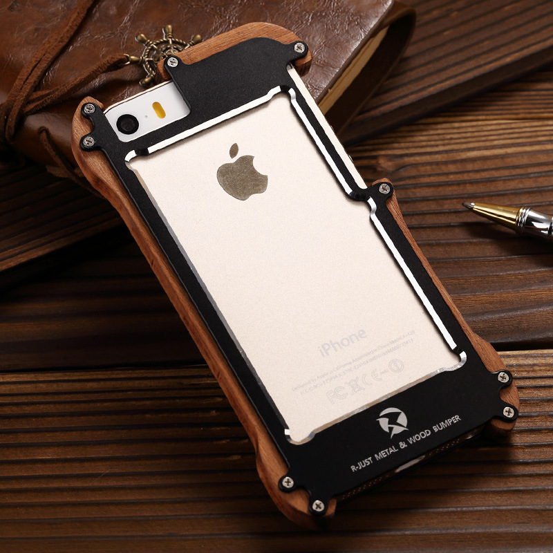 R-Just Light Slim Timber Aluminum Metal Wood Bumper Case Cover for Apple iPhone 5S/5/SE