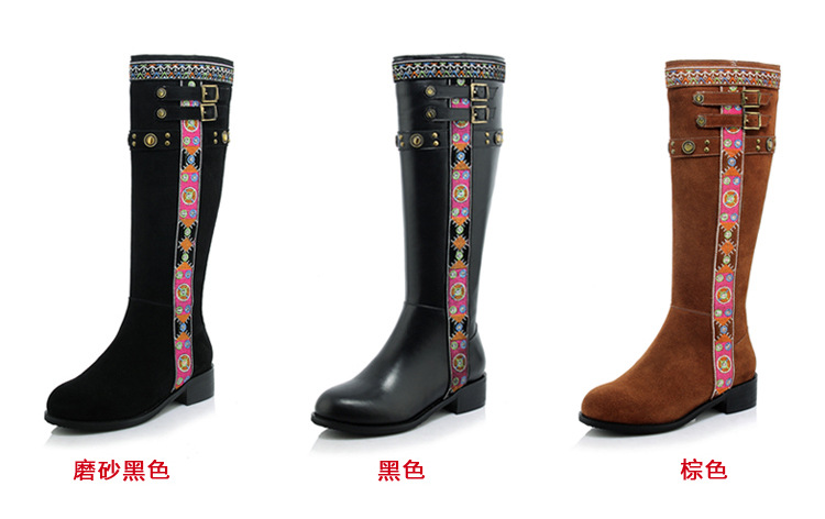 2016秋冬季新款民族風刺繡花邊皮帶扣騎士靴高筒靴子真皮女靴