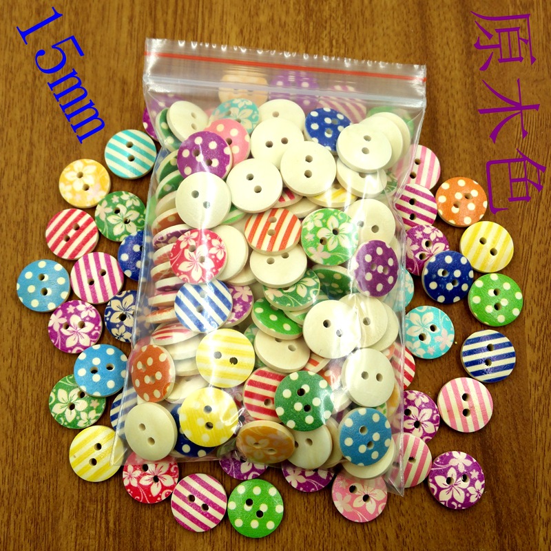 DIY accesorios hechos a mano 15mm lunares rayas flores y plantas mezcladas botones redondos de dos ojos botones de madera 100