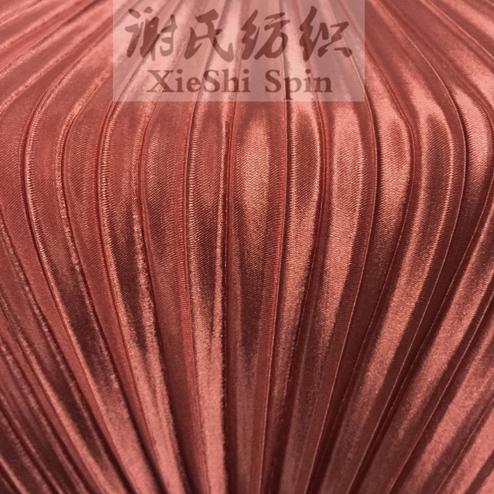 服装布料 电光砖红色纹大风琴褶压皱百褶仿真丝色丁 不透裙子面料