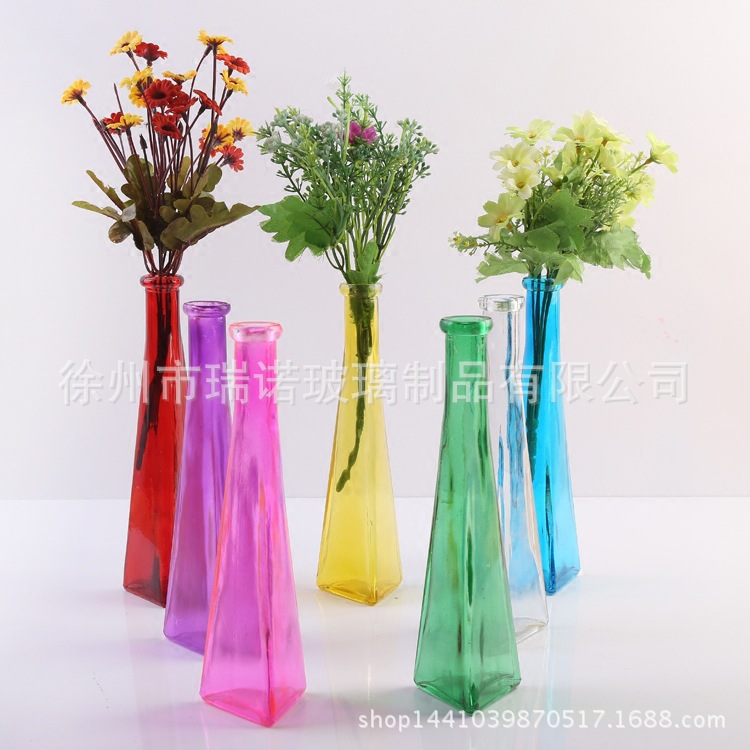 厂家彩色透明简约现代玻璃细高小花瓶 创意三角插花瓶玫瑰花瓶