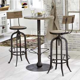 美式复古实木铁艺吧台桌椅旋转升降吧椅防锈做旧实木酒吧桌子椅子