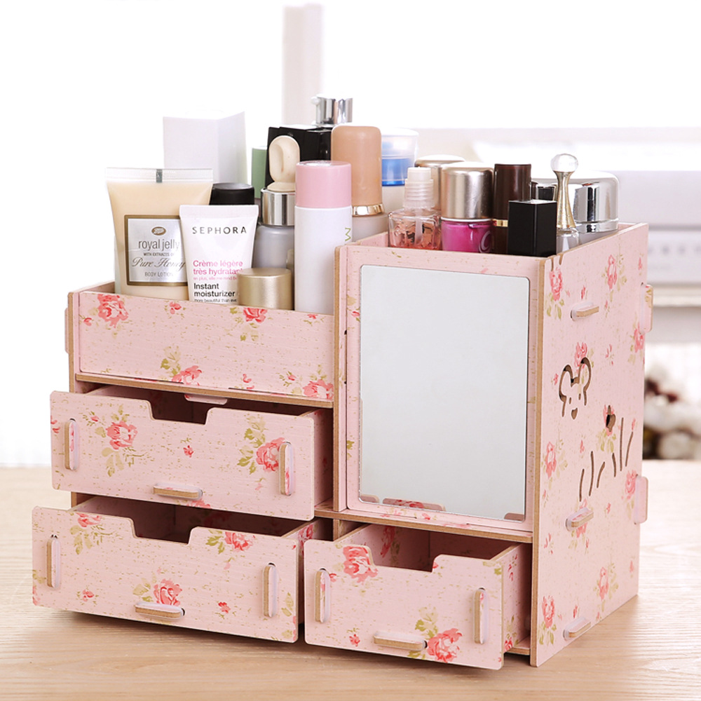 觅秀尔批发现货57木质化妆品收纳盒桌面整理箱DIY创意化妆盒