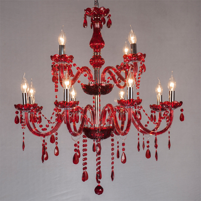 8 + 4 Alta araña de cristal rojo de doble capa Lámpara de vela de cristal rojo de 2 capas real adecuada para restaurante de bodas KTV, etc.