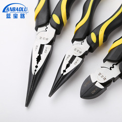 Linyi factory direct supply: Needle-nose pliers models and specifications – 6-inch slanted-tip pliers, 8-inch needle-nose pliers, and small pliers.