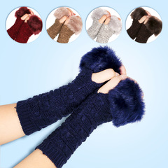Butterfly pattern new knitting gloves half finger computer gloves fuzzy mouth warm winter sleeve covers for women