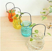 zakka杂货铁线工艺玻璃双耳吊瓶创意家居摆件挂件玻璃插花瓶水培