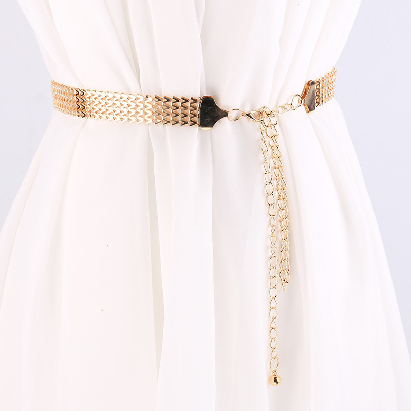 Metalen golfpatroon geweven tailleband, brede damesketting, decoratieve tailleketting, minimalistische jurktailleband, metalen tailleketting_voghion.com