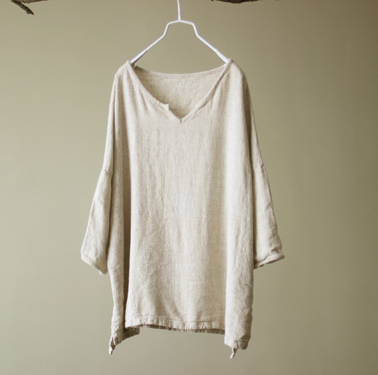 Women's Coarse Linen V-neck Loose Casual Pullover Shirt in stock Spring and Autumn Comfortable Retro Base Shirt Casual All-match